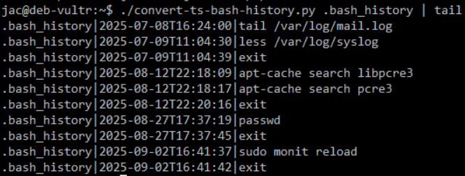 screenshot of tool run against bash history file with timestamps enabled